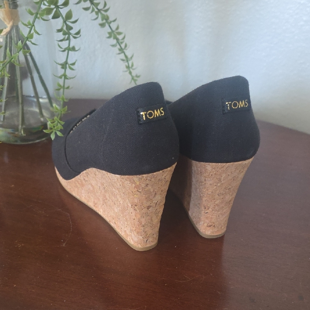 Toms Black Peep-Toe Cork Wedges - Picture 4 of 5